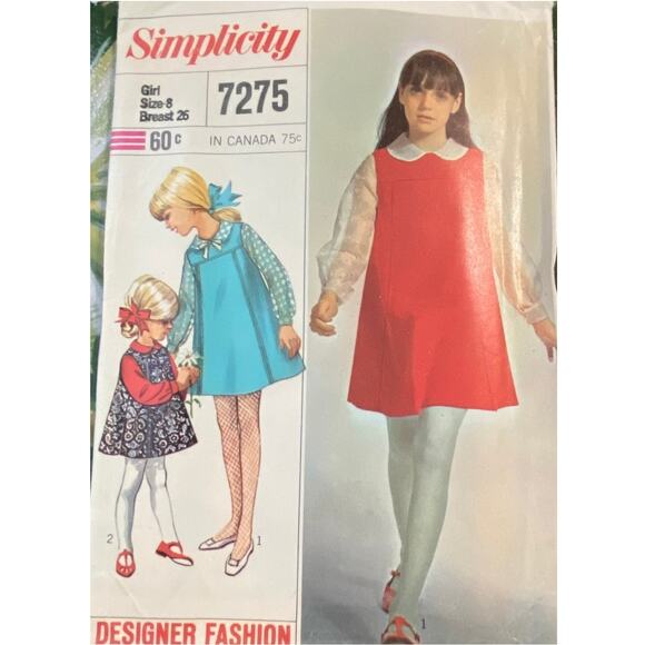 Vtg Simplicity 7275 Jumper Blouse Pattern 8 Girl 1967 Designer Child Collar Bow - Picture 2 of 6